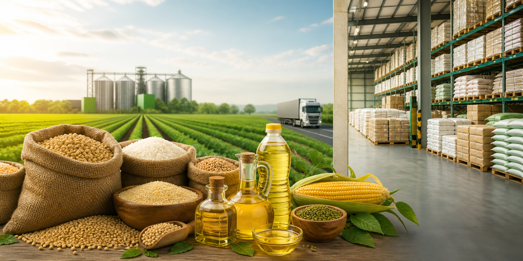 Agro commodities, edible oils, farm fields, and warehouse supply chain
